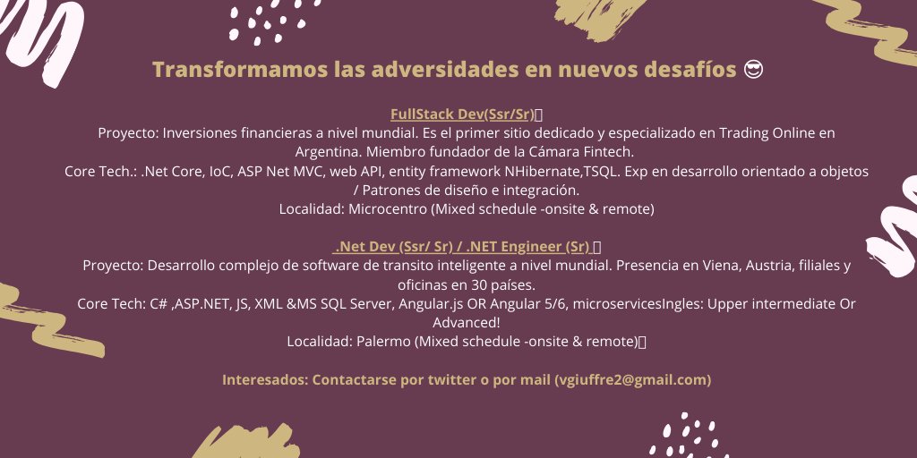 VGTalentLead's tweet photo. ¡Trasformamos las adversidades en nuevos desafíos! 
Sumate al reto de cuarentena🤚(Aclaración:Temporalmente las busq. mencionadas son en modalidad: Home Office!)
@NetBaires @NETConfAR #net #developers #FullStack #AspNetCore #angularjs #nhibernate #webapi #SQLServer #tsql #CABA https://t.co/rNsU4CvDMV