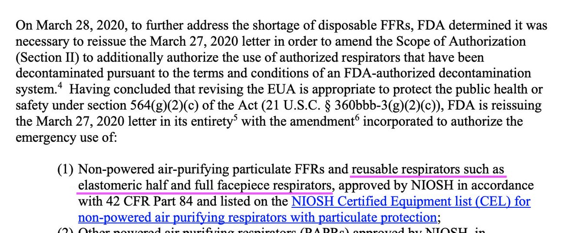 Letter (from Sat.) from FDA Chief Scientist RADM Denise Hinton to  @CDCDirector (Unclear to me why this letter was necessary when CDC had already recommended elastomeric respirators as an alternative to N95s, at least by mid-last week when I checked.) https://www.fda.gov/media/135763/download