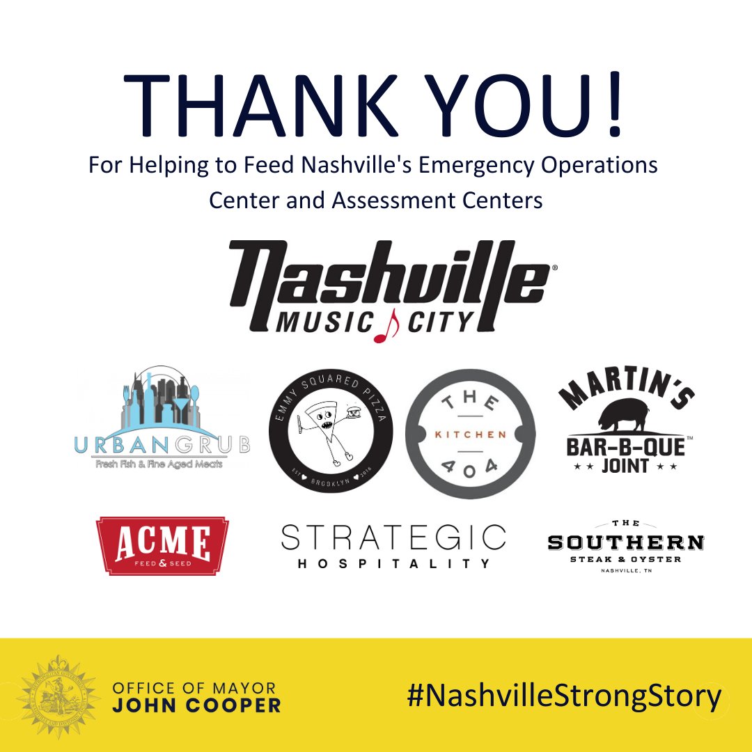 Thank you <a href="/visitmusiccity/">Nashville Tennessee</a> for coordinating with <a href="/SHprojects/">StrategicHospitality</a>, <a href="/martinsbbq/">MARTIN'S BBQ JOINT</a>, <a href="/Urban_Grub/">Urban Grub</a>, <a href="/The404Kitchen/">The 404 Kitchen</a>, #EmmySquared, <a href="/AcmeNashville/">Acme Feed & Seed</a> and <a href="/TheSouthernSOS/">The Southern</a> to provide no cost meals for <a href="/NashvilleEOC/">Nashville EOC/OEM</a> and #COVID19 Assessment Centers. #NashvilleStrongStory