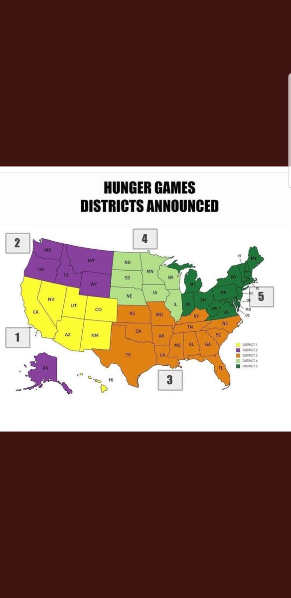 - District 1 would be the most artistic and tech savvy
- District 2 is basically trees, flannel, and good weed
- District 3 has all the guns
- District 4 def has the nicest people
- District 5 is a mosh pit