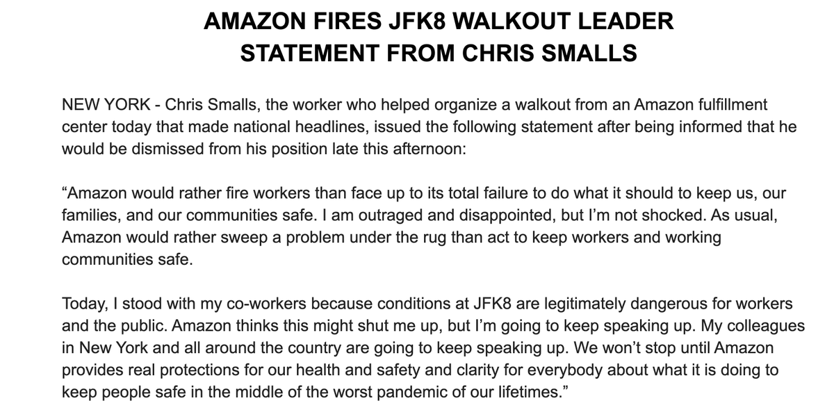 MaketheRoadNY's tweet photo. OUTRAGEOUS. Amazon just fired our member Chris Smalls, who helped organize today's walkout to demand the company #ProtectAmazonWorkers.

His statement: "Amazon would rather fire workers than face up to its total failure to do what it should to keep us...safe." #AmazonStrike https://t.co/JTJzmMWrR7
