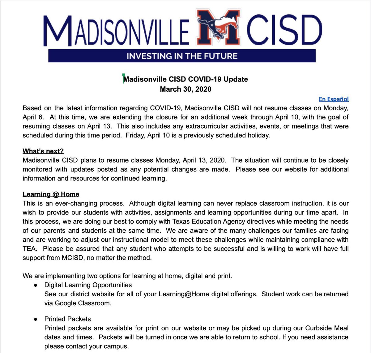 MCISD's tweet photo. MCISD closure extended through April 10th, with the goal of resuming classes on April 13th.  Please check your email and our district website at https://t.co/KIggokg3Wv for important information regarding our instructional plans and meal offerings for our students. https://t.co/9RuBZFTY1A
