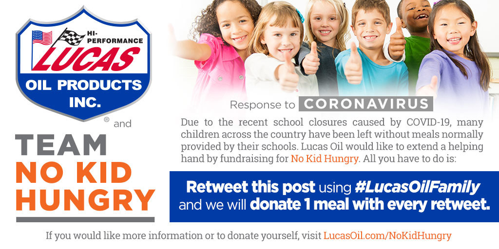 Lucas_Oil's tweet image. We would like to extend a helping hand by fundraising for 
@nokidhungry. All you have to do is share this post with #LucasOilFamily, and we will donate a meal for every share. More info at: lucasoil.com/nokidhungry