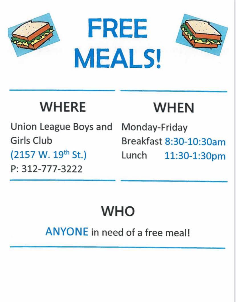 ClubOne2157's tweet photo. ULBGC has meals Monday through Friday for anyone in need of food and snacks. Club One is located in Pilsen at 2157 W. 19th Street and Barreto Club is located in Humboldt Part at 1214 N. Washtenaw Ave. Feel free to share! https://t.co/6wTyabYbmB