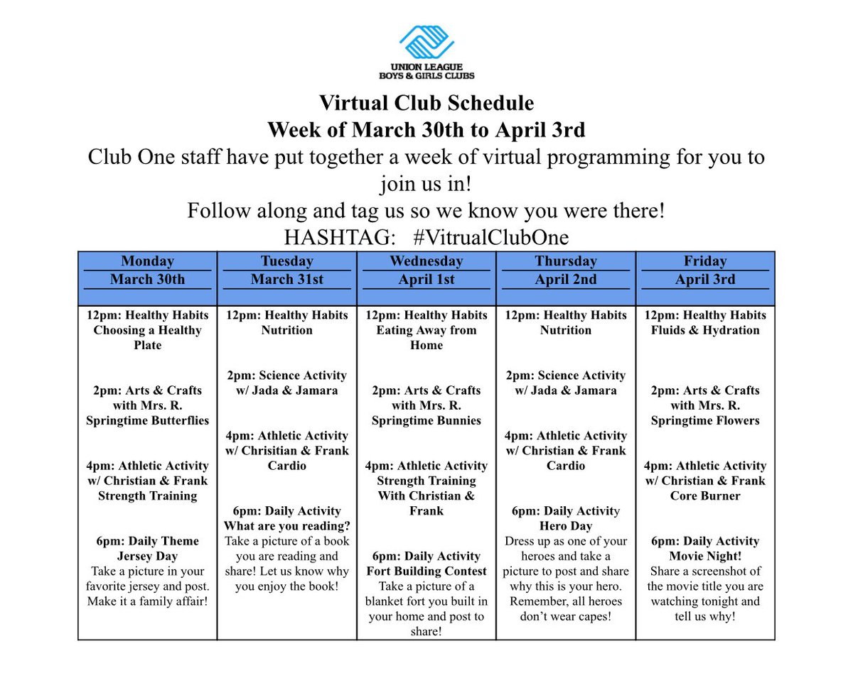 ClubOne2157's tweet photo. Follow us on Facebook at Union League Boys &amp; Girls Clubs: Club One @ulbgcclubone on Facebook to jump in on the fun! Anyone can participate!! Share the fun!

#VirtualClubOne https://t.co/VsQ4qRBAbk