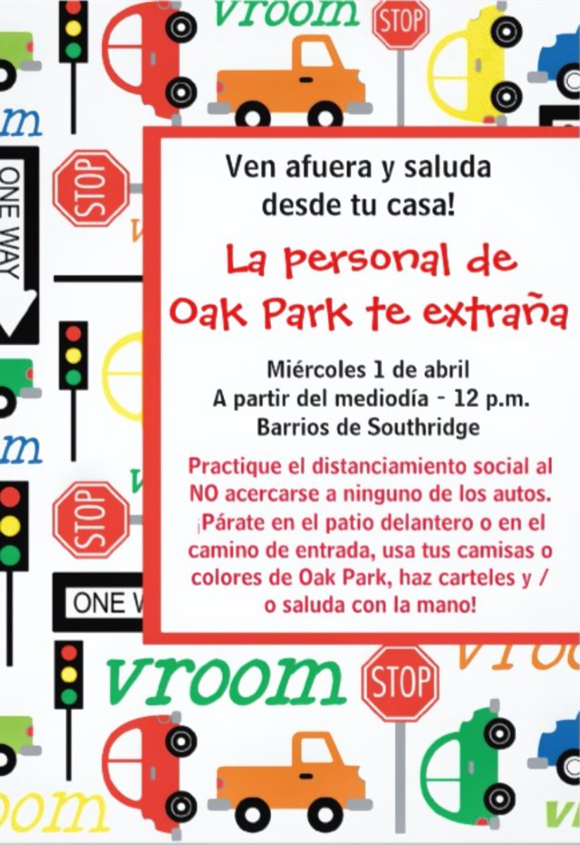 The wonderful staff at our school have put together a car parade for Oak Park students!❤️ Set up your chairs in front of your home by noon &amp; hopefully you’ll see your teacher or a staff member drive by.😁 Please be safe by waving from a distance.👋🏻