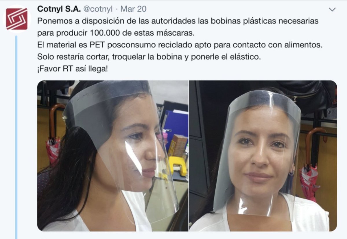 El viernes 20 de marzo hicimos un tweet poniendo a disposición de las autoridades las bobinas necesarias para fabricar 100.000 máscaras protectoras.
A los 3 días estábamos en comunicación con los Ministerios de Salud de Nación, Provincia y CABA.
El tweet fue este👇