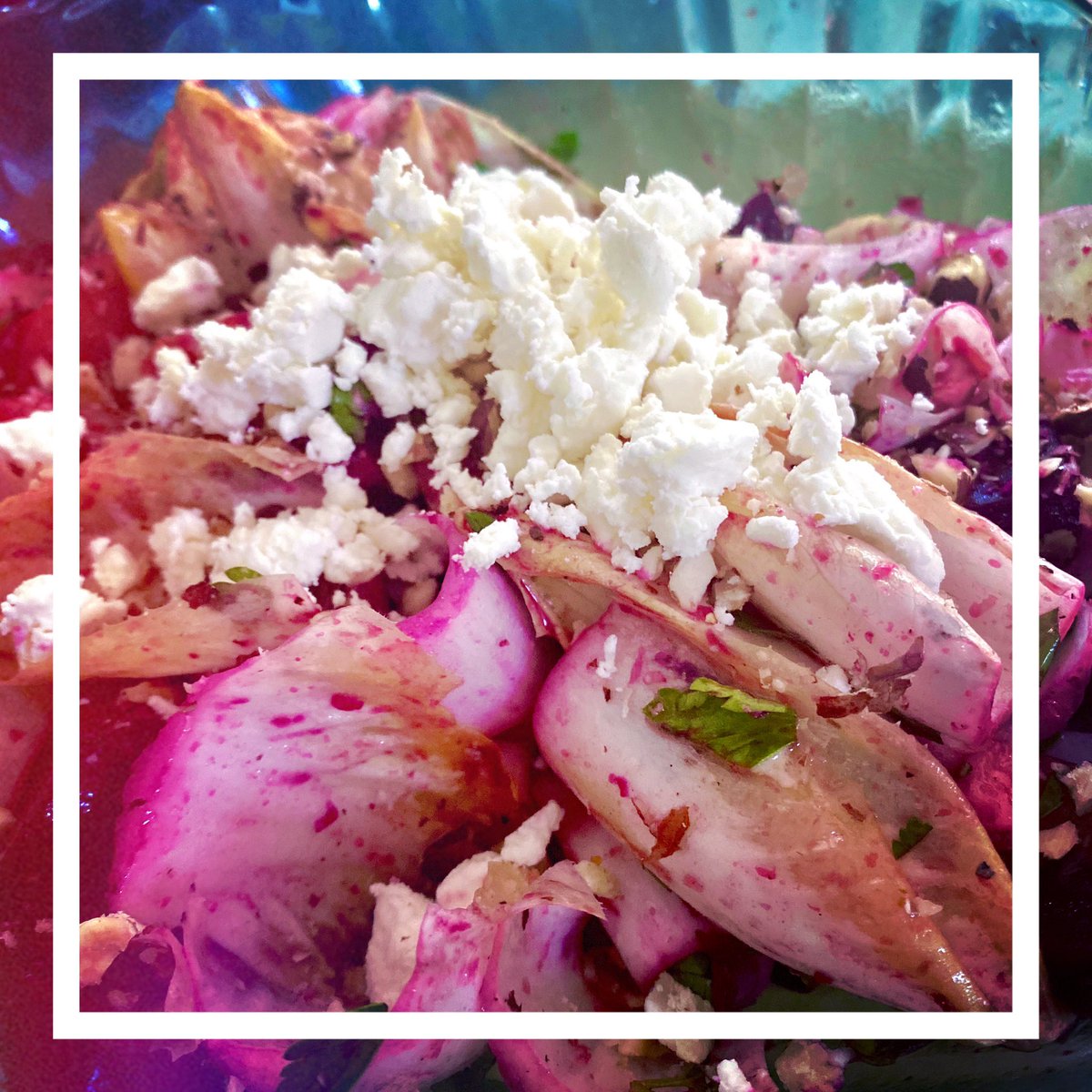 Thanks again to the Kitchen Shrink at @delmartimes , guiding me to healthy + tasty eating during #coronavirus⠀
Beets and endives swimming in hazelnuts (chopped + oil), aged sherry vinegar, Meyer lemon. A touch of honey + Dijon. Feta + parsley on top.
