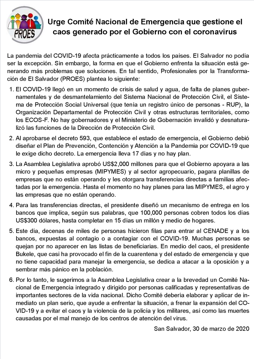 PROESSV's tweet photo. Gobierno genera más problemas que soluciones, sistema de transferencias directas implica que 100,000 personas cobren todos los días $300. Presidente @nayibbukele casi ha provocado el fin de la cuarentena, se dedica a atacar a la oposición y a sembrar más pánico en población. https://t.co/7l8AcYiC3B