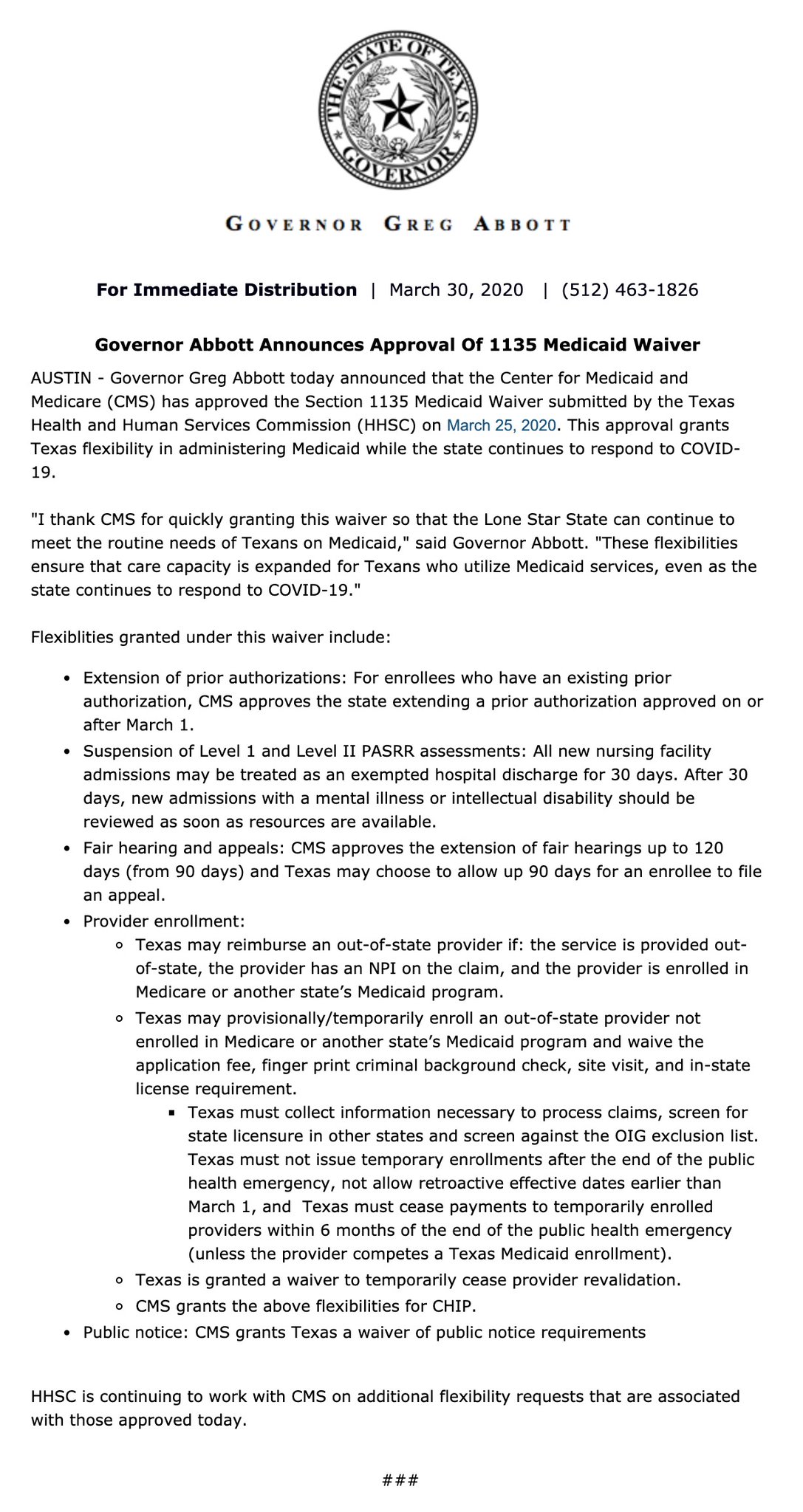 Gov Greg Abbott On Twitter The Center For Medicaid And Medicare Services Has Approved The Section 1135 Medicaid Waiver Submitted By Texashhsc On March 25 2020 This Approval Grants Texas Flexibility In