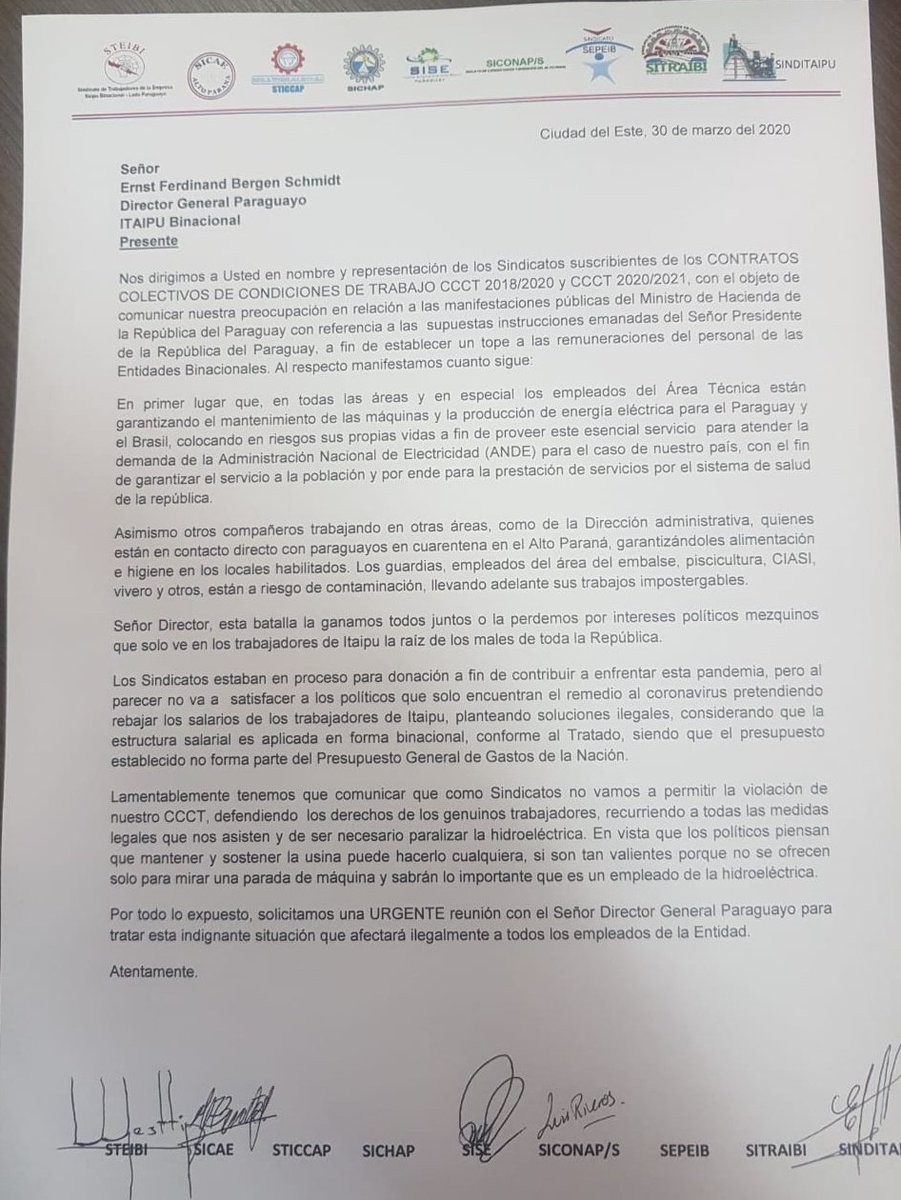 enriquedavalos's tweet photo. Sindicalistas de Itaipú amenazan con parar la hidroeléctrica si se les recorta sus salarios. Dicen que no van a ceder a "intereses políticos mezquinos".
Por favor lean. Aunque genere arcada. https://t.co/u5tXOx1ThW