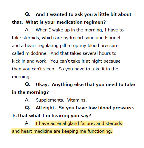 The wife had significant health issues.She testified that she had "adrenal gland failure, and steroids and heart medicine are keeping me functioning"While this shows that she (and maybe her husband) were high risk for COVID-19..