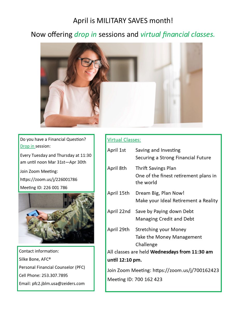 WE WANT TO SAVE YOU MONEY! 

Thats right! We want to help #JBLM be financially successful during #MilitarySavesMonth. Check out the classes and drop in sessions we have happening all April, and feel free to contact the number listed for questions and information.