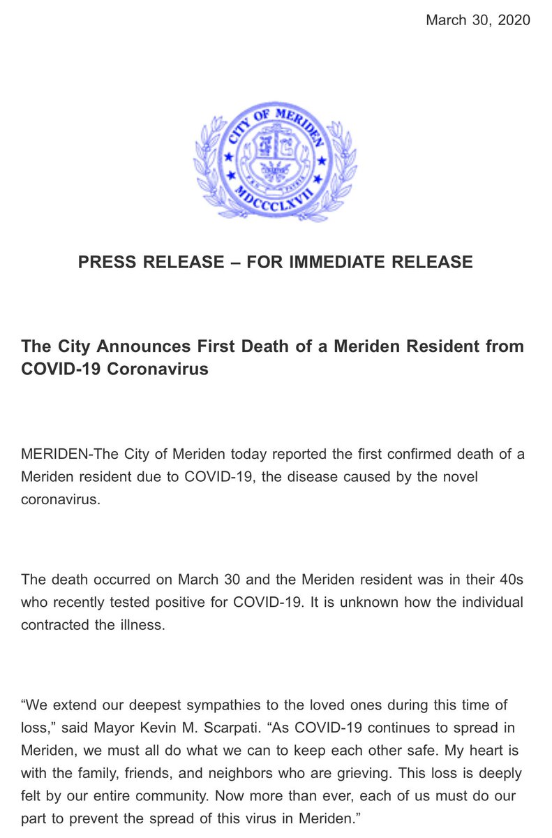 #Meriden just reported it’s first death from COVID-19. The city identified the person as a resident in their 40’s.
