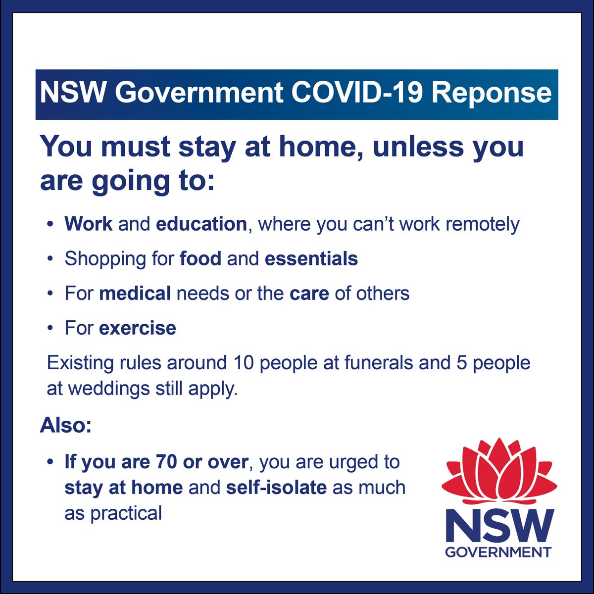 #Covid19 updated response and advice: Stay at home unless you absolutely need to for things like - going out irregularly for groceries 🛒 - short solo exercise 🏃‍♀️🚴‍♂️ - medical reasons or if you are caring for family 🏥 Keep up to date at nsw.gov.au