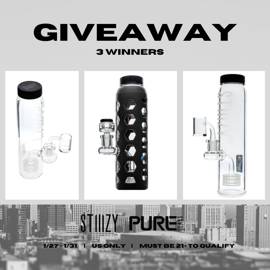 stiiizy's tweet photo. GIVEAWAY! #STAYSTIIIZY 
Win an exclusive STIIIZY x @pureglassinc hydroguard water bottle (it's actually a bong!) 
Here's how to enter: 
1. Follow @stiiizy and @pureglassinc 
2. Like &amp; RT this post 
3. Tag 3 friends you wanna smoke with.
Ends 4/3. US only, must be 21+ to enter https://t.co/4cKZnYH6rx