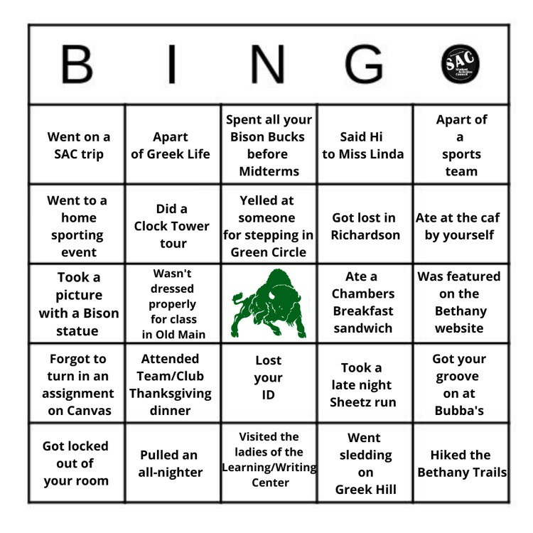 BethanySAC's tweet photo. B . I . N . G . O . and bison was it's name oooh! 🤘

Play Bethany Bingo and see if you have had these classic Bethany experiences!! #bethanycollege #bison #ONEBethany https://t.co/du1d3vGMRx