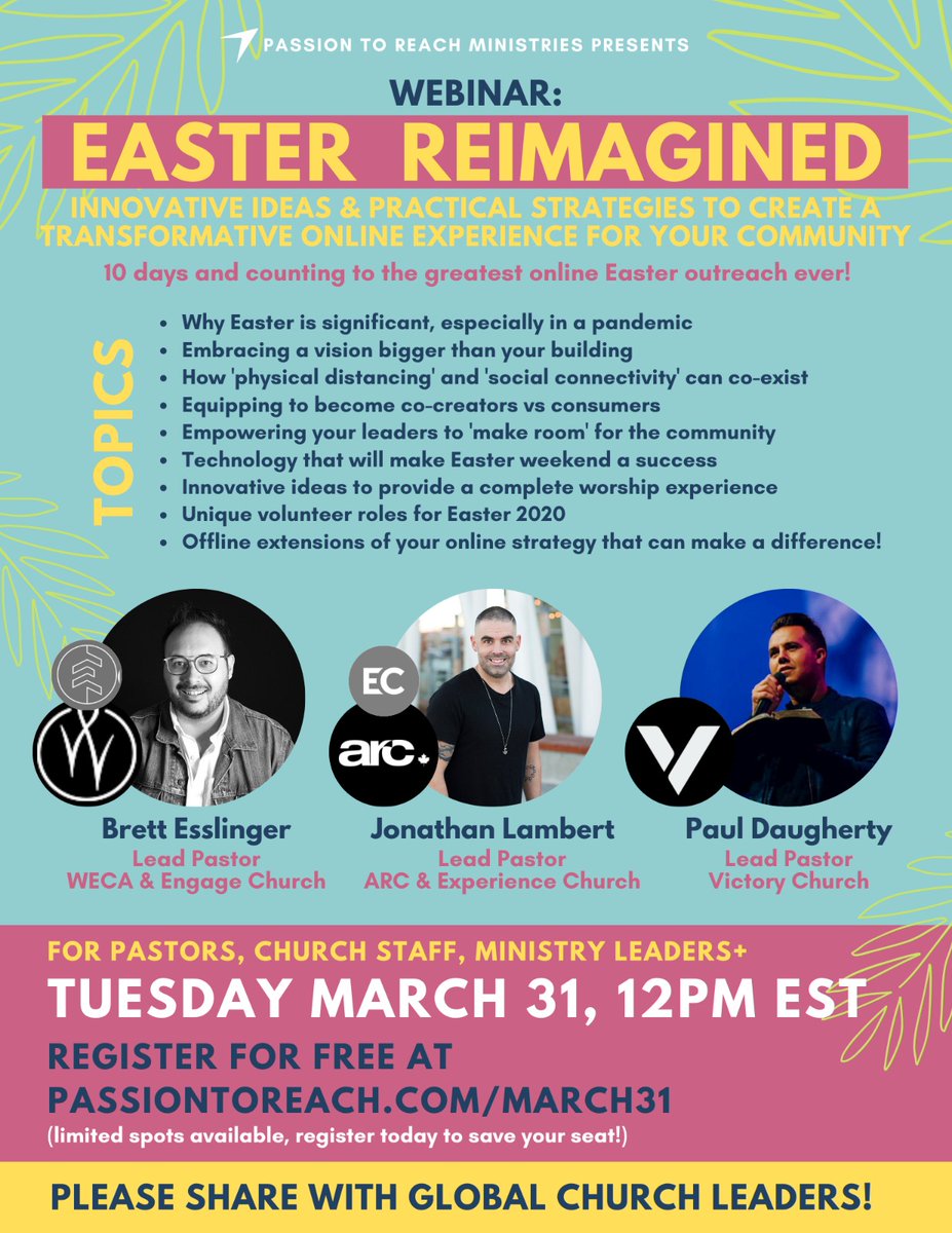 Excited about having Pastor <a href="/PaulDaugherty/">Paul Daugherty</a>, Pastor <a href="/brettesslinger/">Brett Esslinger</a>, Pastor #JonathanLambert on this webinar tomorrow on #EasterReimagined
Register at Passiontoreach.com/march31