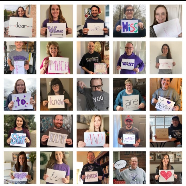 WoodhavenHigh's tweet photo. A picture collage message from some of our teachers to our WHS students. #WarriorStrong https://t.co/V25xNJk7GU