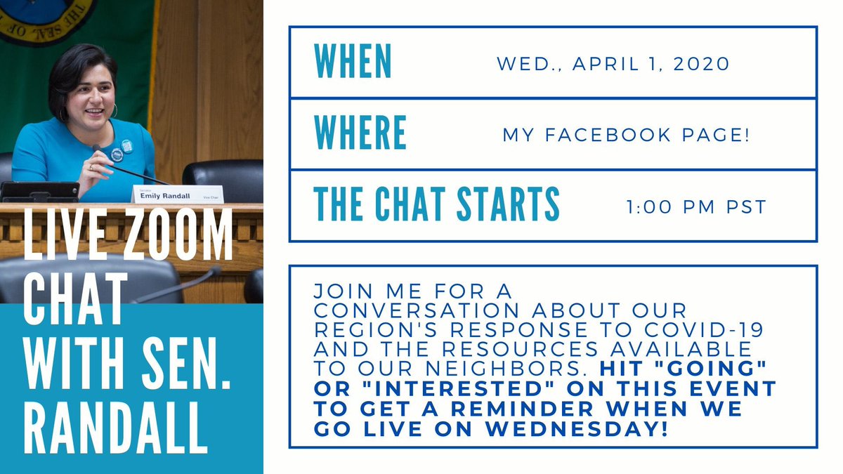 RepEmilyRandall's tweet photo. Youโre invited!! Iโm starting my weekly community coffee hours back up again โ in the form of a Facebook Live Zoom Chat! Head to my FB page for the details on my first chat this week, Wednesday (4/1)! #WaLeg #PuttingPeopleFirst #ZoomChat #FBLive #StayHomeStayHealthy https://t.co/czRYzNHDwM