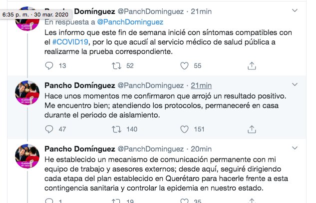 emeequis's tweet photo. El gobernador de Querétaro, @PanchDominguez, dio positivo a la prueba del #coronavirus... se suma a los de Hidalgo y Tabasco... "Hace unos momentos me confirmaron que arrojó un resultado positivo. Me encuentro bien; atendiendo los protocolos, permaneceré en casa". https://t.co/UJZagFbmzi