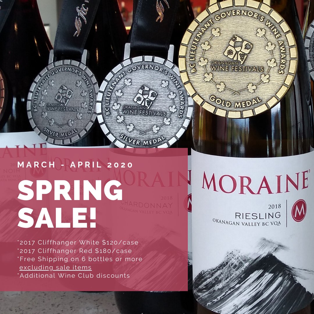 March - April Promotion!

🍇 - 2017 Cliffhanger White - $120/case
🍷   - 2017 Cliffhanger Red $180/case
🚚 - Free Shipping on all REGULAR PRICED product orders of 6 bottles or more

Buy online morainewinery.com/shop/ or call to place your orders at 236-422-3534