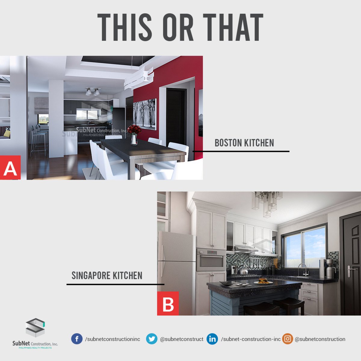 SubnetConstruct's tweet photo. THIS OR THAT: BOSTON OR SINGAPORE?

If you were to build your dream house with Subnet, which kitchen would you prefer? 

Together, let us design dreams and build realities!

#ThisOrThat #HouseDesign #Kitchen https://t.co/9PQthIbtwq