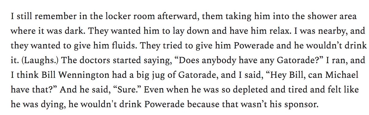 Fun nugget from my Matt Steigenga interview: When Bulls doctors tried to give a depleted MJ Powerade after the  #FluGame, he refused it, and only accepted Gatorade.(That's Steigenga in the light shirt.)Subscribe for just $5/month or $33/year to read:  https://readjack.substack.com/p/the-amazing-tale-of-matt-steigenga