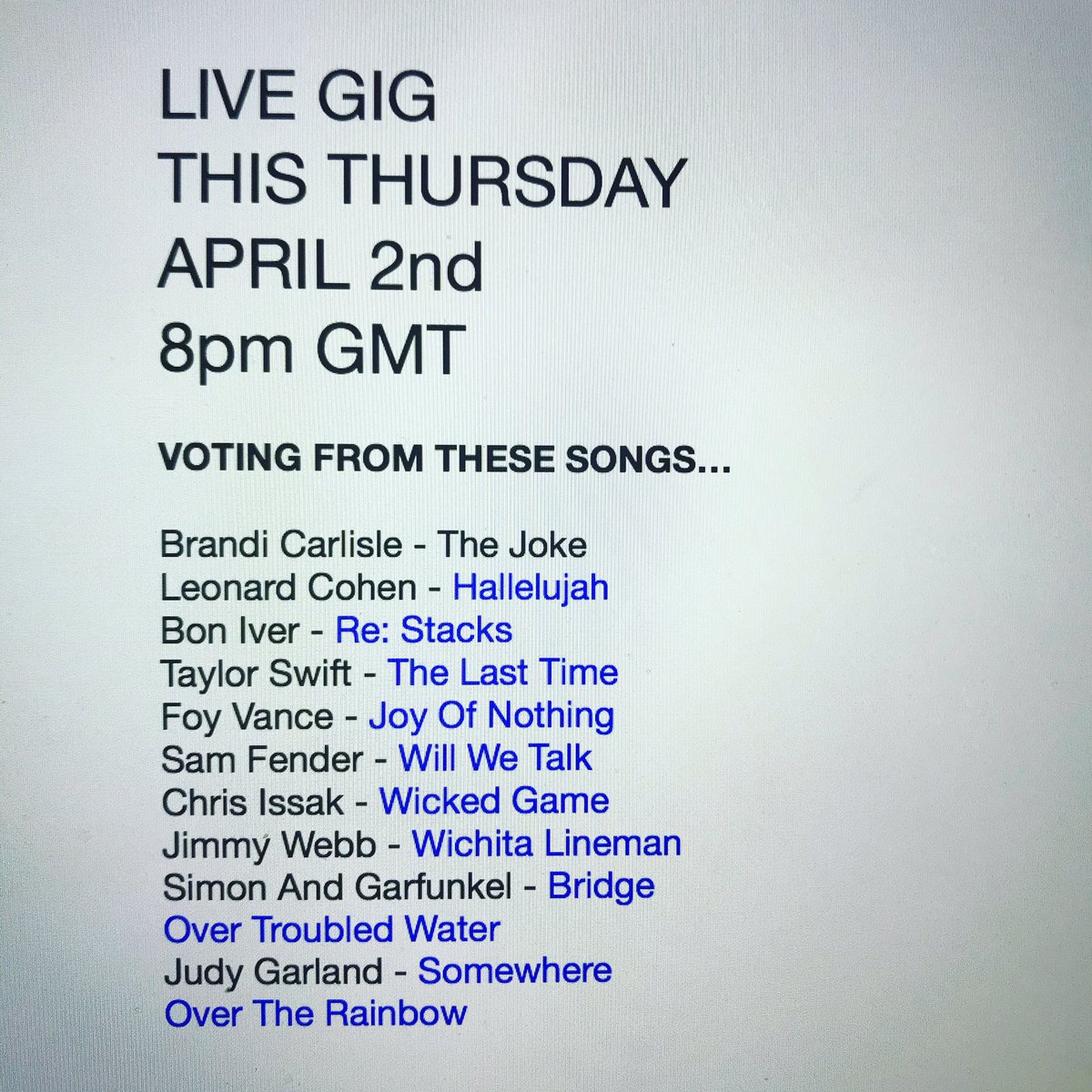 Live gig this Thursday at 8pm gmt on @instagram live. Tweet your favourite from these ten songs and I’ll do the top 5 plus some SP ones. Hopefully see yous there. gL.x