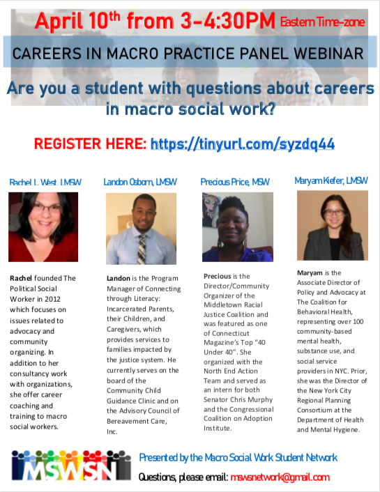 BurBur4Eva's tweet photo. Interested about careers in macro social work? Attend the Careers in Macro Practice Panel Webinar on Friday, Apr. 10, 3-4:30pm ET! Free and open to all students and social workers. To register, go to
https://t.co/71tSul07gX. #MacroSW #ACOSA #MSWSN #MacroMatters #socialwork https://t.co/h8gOc4tLK2