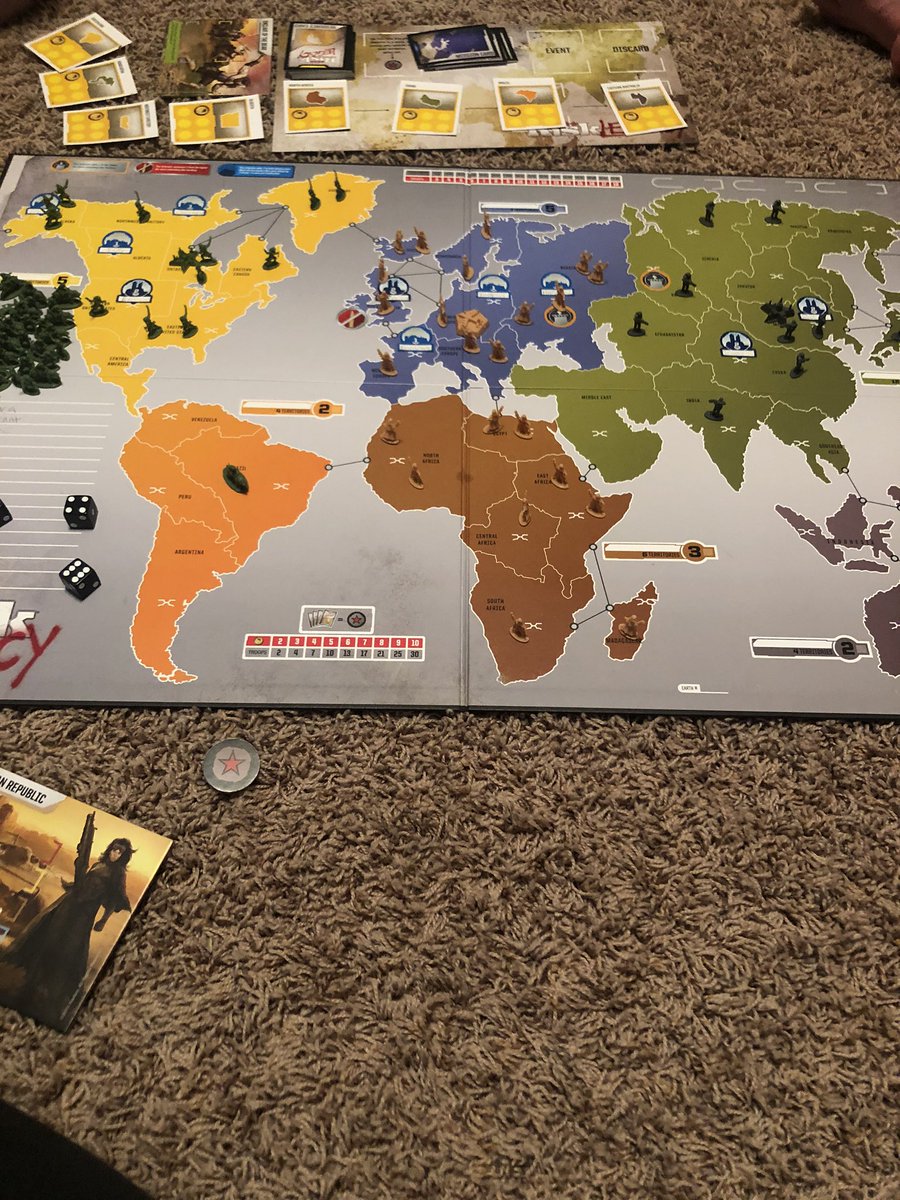 MrsFrizzellSIM's tweet photo. Risk is a great game to play at home! You learn geography, history and strategy. (Mrs. Frizzell started off strong with Europe &amp; Africa. But lost to 🇺🇸). https://t.co/a1xV9hhZyB