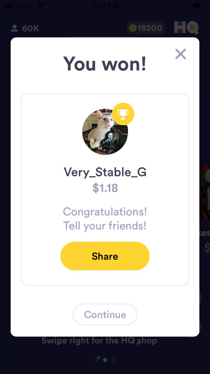 Very_Stable_G's tweet photo. I won @hqtrivia tonight and so did my friend @Henryarobinson. Thanks @mattwasfunny! Missed you. #HQcomeback https://t.co/KRzZWj343Y