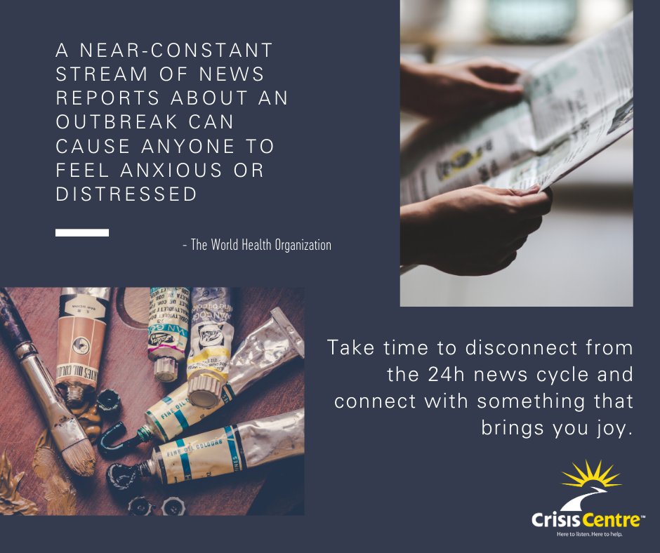 crisiscentrebc's tweet photo. Reduce pandemic-news induced stress by limiting the times you check the news to specific times in the day and by only checking reputable sources such as the @WHO or @GovCanHealth websites. We are also here to talk 1-800-784-2433. #CrisisCentreBC https://t.co/QZ0CM2N8gu