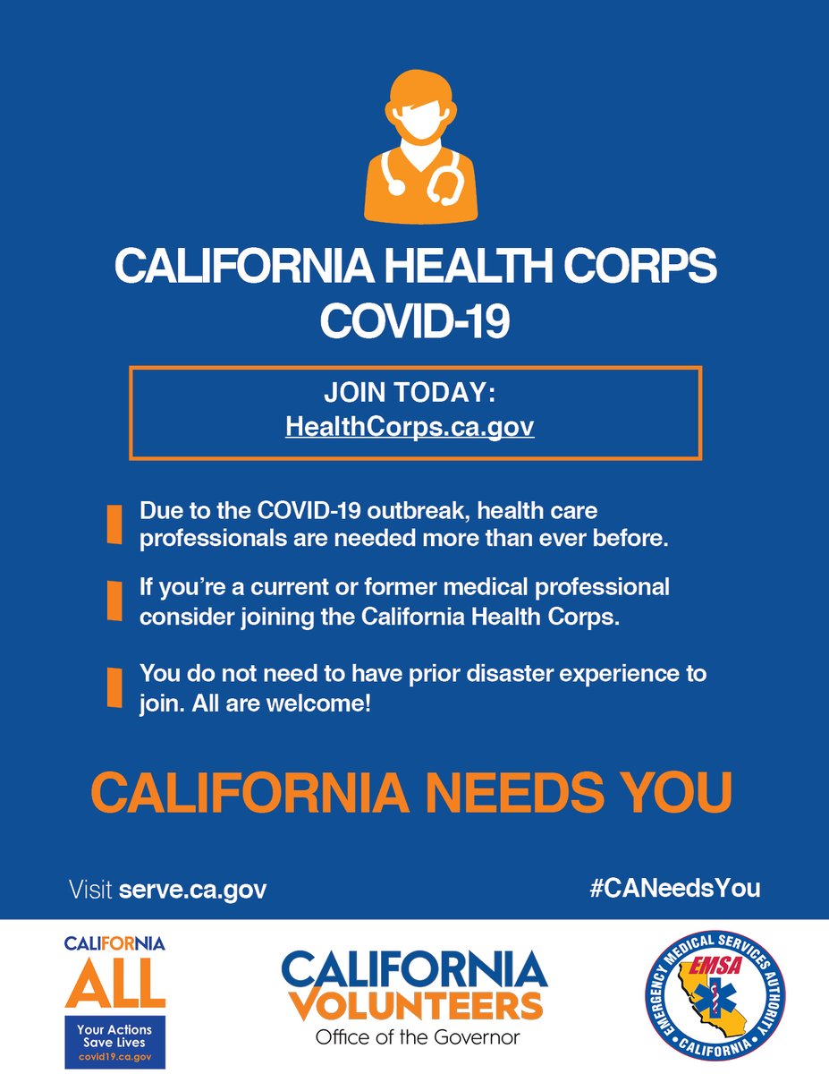 CAPublicHealth's tweet photo. As @CAGovernor @GavinNewsom said, “If you have a background in health care, we need your help."

If you're interested, consider signing up for the #CAHealthCorps at https://t.co/lPEkIYbPKC, and if you know any health professionals, please share this flyer. We're in this together! https://t.co/mgz7Rp2Tm7