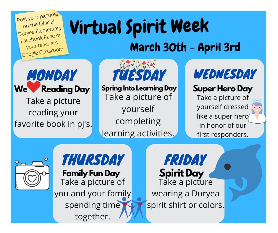 duryeaschool's tweet photo. Students and staff participate in our virtual spirit week! @duryeaschool #BeDuryea #CFISDspirit https://t.co/1gNX9hpip3