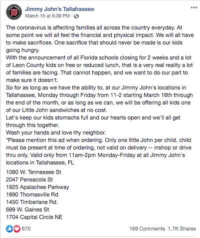 vic_vatt's tweet photo. @MAR4233_FSU I think Jimmy Johns did a great job with crisis communication because they not only said how they were going to keep their locations clean in other posts but they were one of the first to offer free lunches to children to help those families in need. https://t.co/C9GG3K5jCc