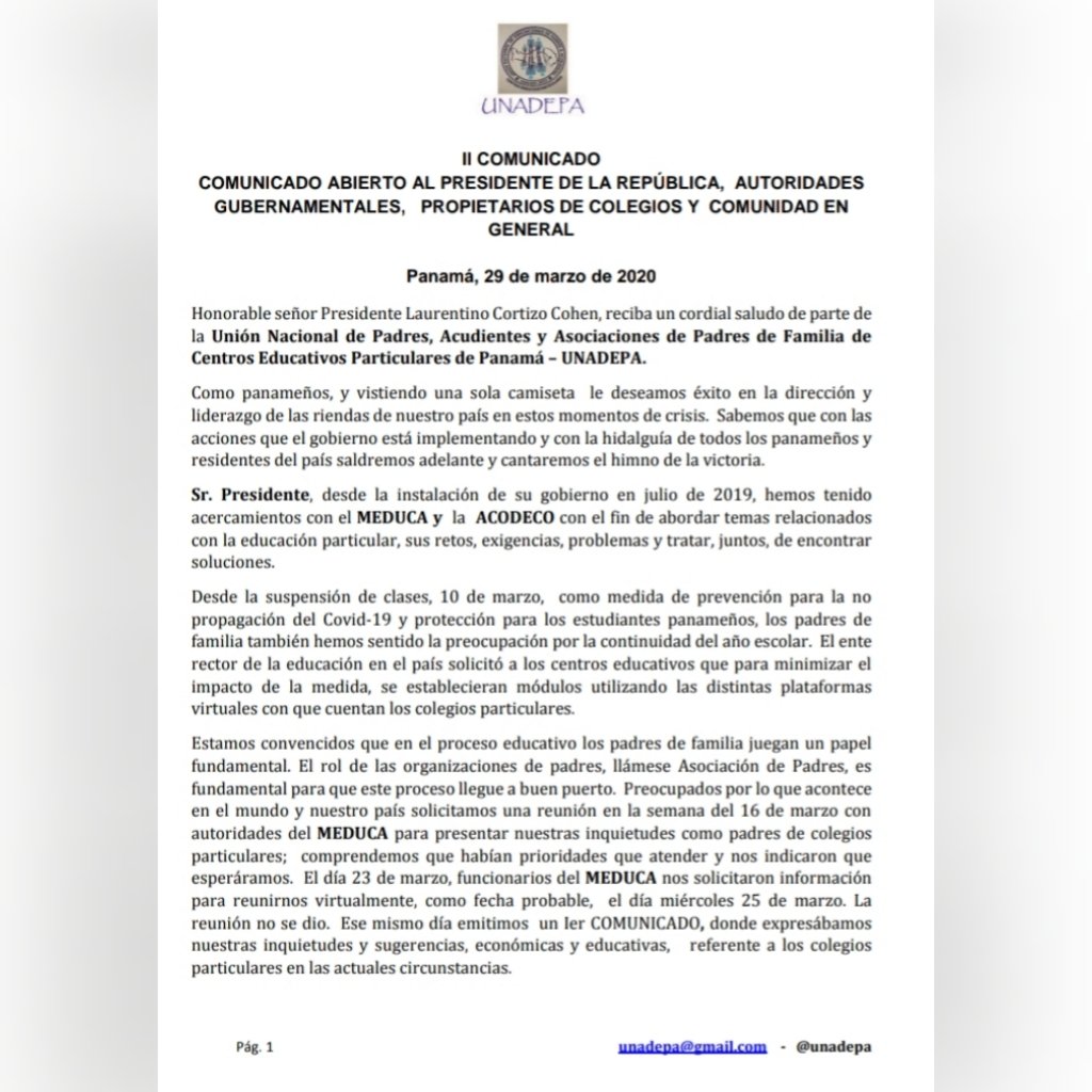 unadepa's tweet photo. Comunicado 2 
Seguimos trabajando por los derechos de los padres de familia de colegios particulares.@NitoCortizo @JCTapiaLMB @EddyVasquezWao https://t.co/KCPQYxxT5e