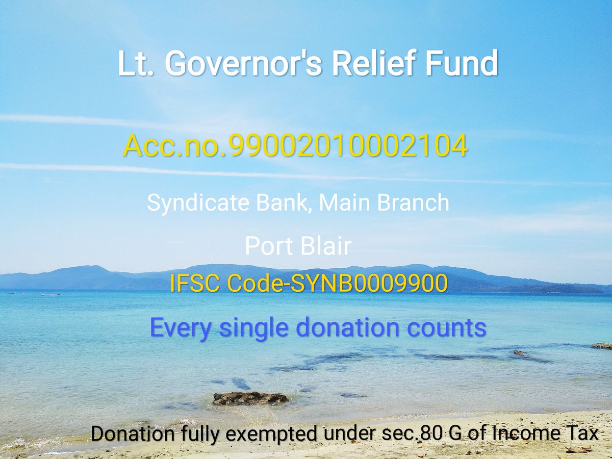 Akashvani News, Port Blair, A&N Islands 🇮🇳 (@airnews_pb) on Twitter photo प्रशासन ने द्वीपवासियों से कोविड-19 के मद्देनजर उप-राज्यपाल राहत कोष में दान देने की अपील की है।
इसमें किया गया अंशदान पर आयकर की धारा 80जी के अंतर्गत छूट मिलेगी।
<a href="/Andaman_Admin/">Andaman and Nicobar Admn</a>
<a href="/directorate_ipt/">Directorate of Information Publicity & Tourism</a>
<a href="/MediaRN_ANI/">Lt. Governor's Secretariat-Media Cell, A&N Islands</a> प्रशासन ने द्वीपवासियों से कोविड-19 के मद्देनजर उप-राज्यपाल राहत कोष में दान देने की अपील की है।
इसमें किया गया अंशदान पर आयकर की धारा 80जी के अंतर्गत छूट मिलेगी।
<a href="/Andaman_Admin/">Andaman and Nicobar Admn</a>
<a href="/directorate_ipt/">Directorate of Information Publicity & Tourism</a>
<a href="/MediaRN_ANI/">Lt. Governor's Secretariat-Media Cell, A&N Islands</a>