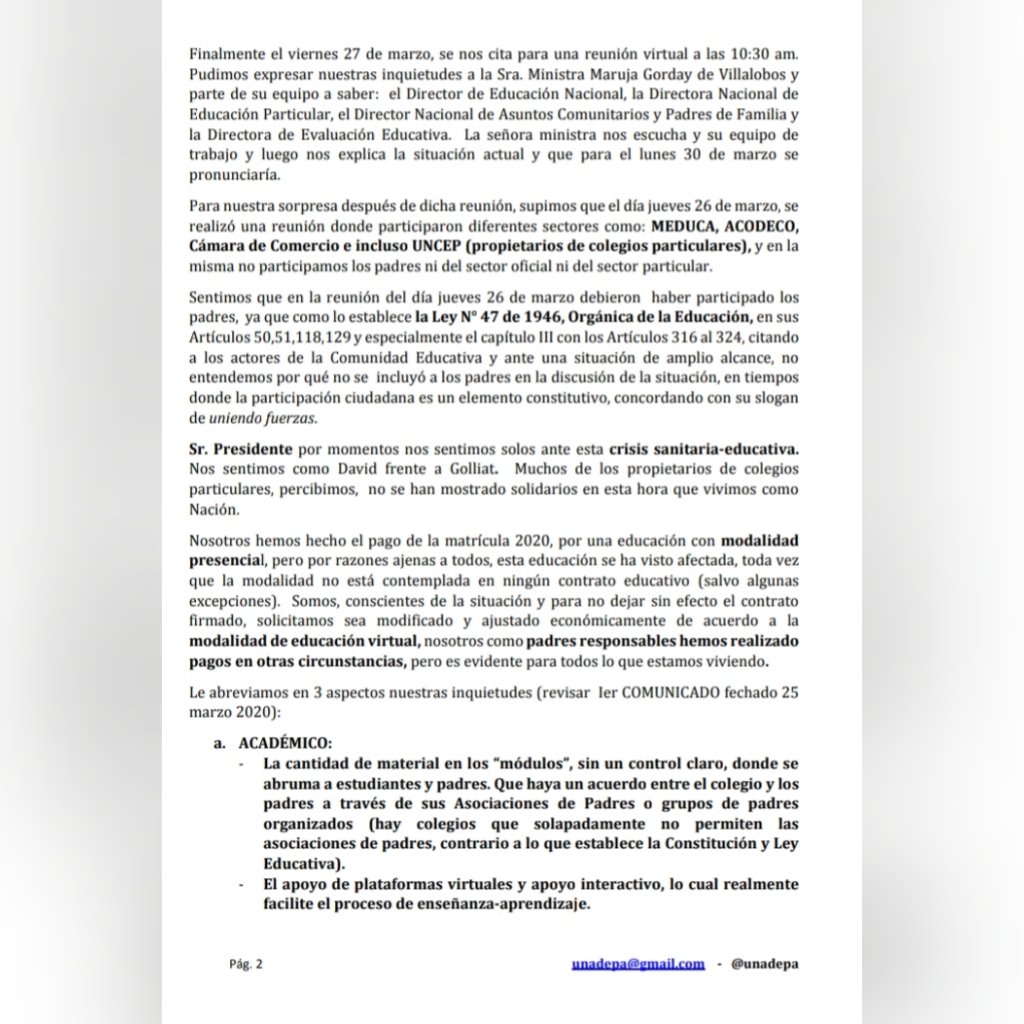 unadepa's tweet photo. Comunicado 2 
Seguimos trabajando por los derechos de los padres de familia de colegios particulares.@NitoCortizo @JCTapiaLMB @EddyVasquezWao https://t.co/KCPQYxxT5e