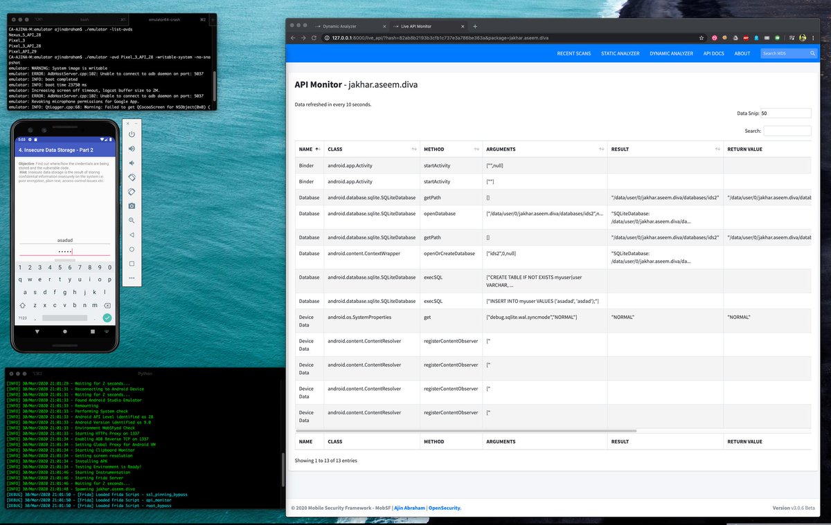 OpenSecurity_IN's tweet image. MobSF v3.0.6 now supports Android Studio Emulator (x86, arm and arm64)
Docs: mobsf.github.io/docs/#/dynamic…

#mobilesecurity #androidsecurity #mobsf #mobile #appsec #applicationsecurity #dynamicanalysis #dast #cybersecurity #malwareanalysis #opensource