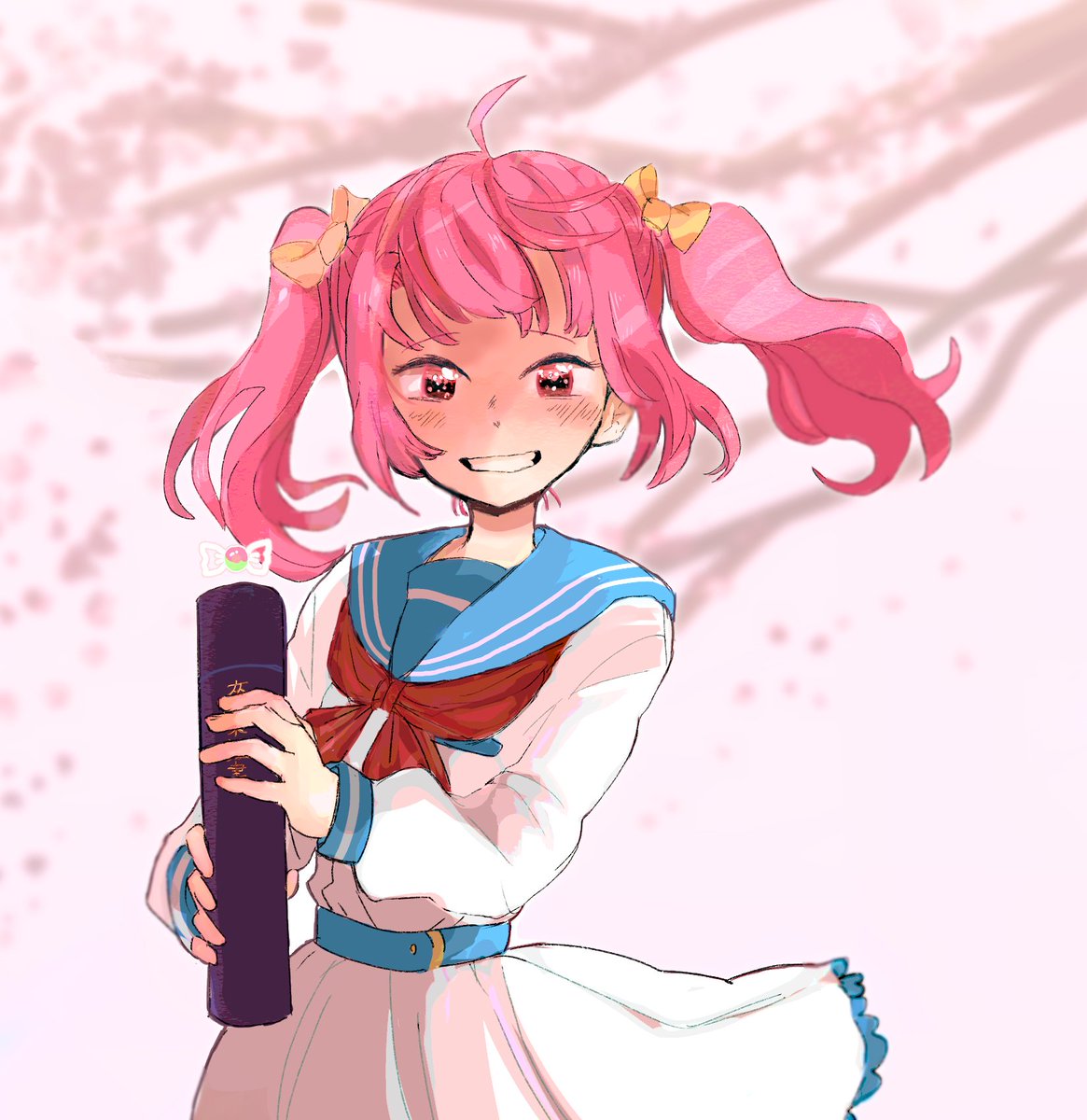 1girl twintails solo pink hair school uniform blue sailor collar smile  illustration images