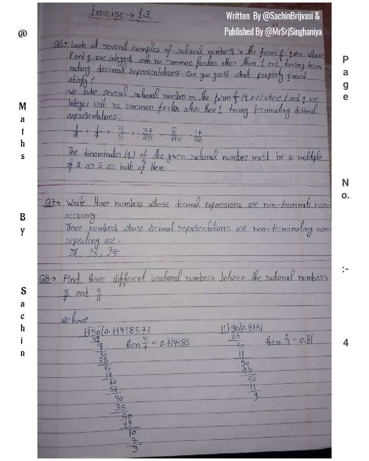 MathsBySachin's tweet photo. #Class 9th #NCERT #MathsBySachin
#MATHEMATICS #Chapter 1st - #Numbersystem
❝ NCERT Exercise #Solutions of 1.3 excluding last question ❞ 
Written By @SachinBrijvasi &amp; #Editing 
or #Published by @MrSrjSinghaniya.
#maths #education  #mathematician #mathsskills #mathsnotes https://t.co/hr67CYpVjB