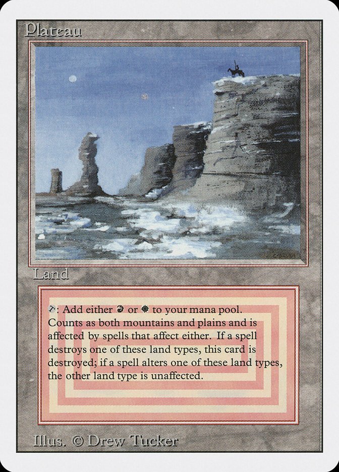 When REVISED was to be printed, the digital art file for the dual land  Plateau (pic 1) was corrupt Unable to locate the original art, this art*  (pic 2) by @CorneliusBrudi was