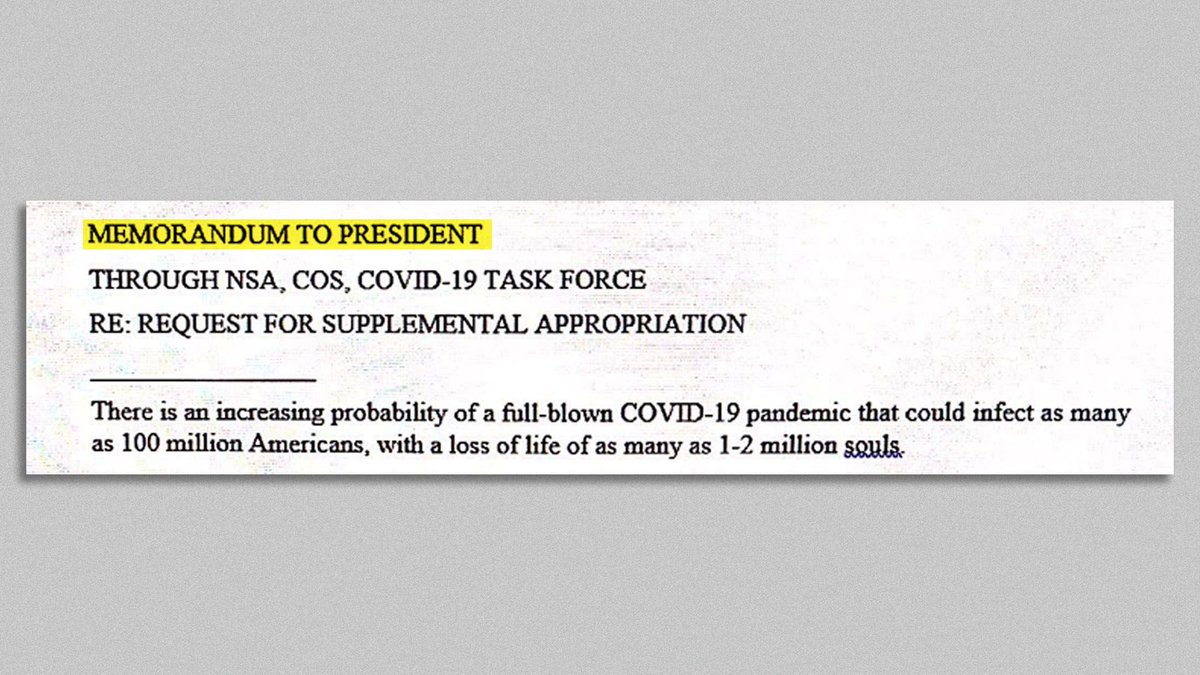 This is from Feb. 23. It suggests the possibility of 2 million American deaths, 100 million infections. This is 3 days before Pres. Trump said “when you have 15 people, and the 15 within a couple of days is going to be down to close to zero, that's a pretty good job we've done”