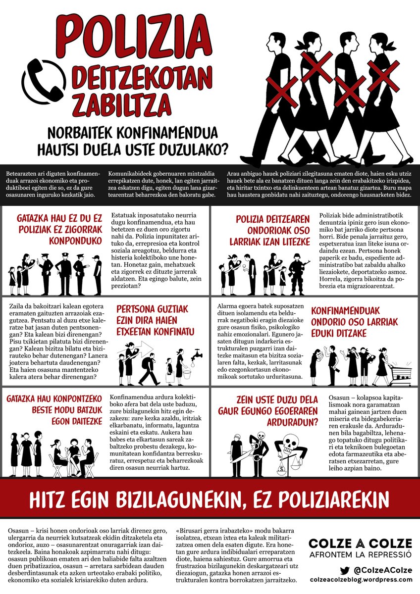 📝TEXTO + CARTEL

«El virus de los policías de balcón»

Polizia deitzekotan zabiltza norbaitek konfinamendua hautsi duela uste duzulako?

Hitz egin bizilagunekin, ez poliziarekin

Más info bit.ly/2UwL688