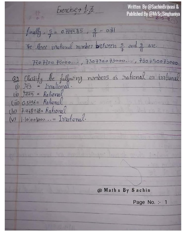 MathsBySachin's tweet photo. #Class 9th #NCERT #MathsBySachin
#MATHEMATICS #Chapter 1st - #Numbersystem
❝ NCERT Exercise #Solutions of 1.4 &amp; including last question of 1.3 ❞ 
Written By @SachinBrijvasi &amp; Editing 
or Published by @MrSrjSinghaniya.
#maths #education #mathematician #mathsskills #mathsnotes https://t.co/phvhtEcFlp