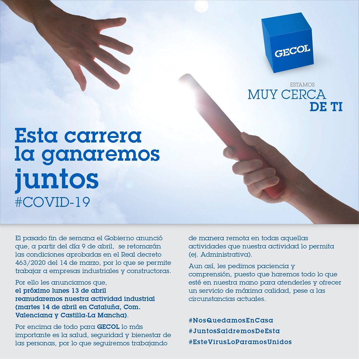 GECOLoficial's tweet photo. Volvemos a reanudar la actividad industrial el 13 de abril y el 14 en Cataluña, Com. Valenciana y Castilla-La Mancha #EsteVirusLoParamosUnidos https://t.co/XtAioR487p