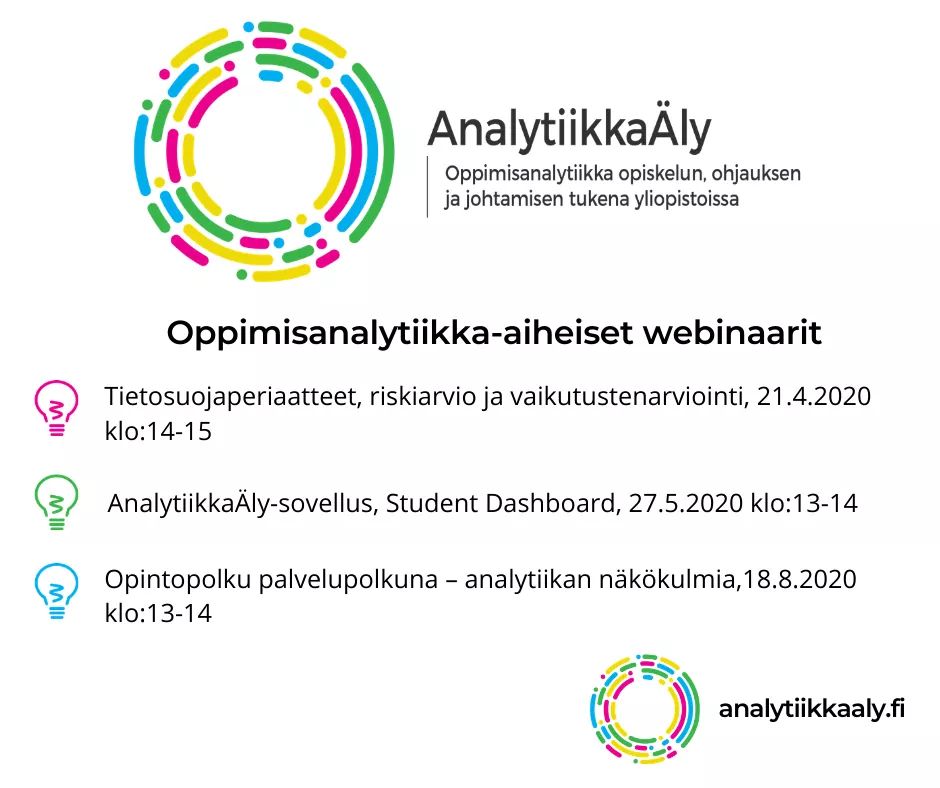 AnalytiikkaAly's tweet photo. Hankkeemme toteuttaa kolme oppimisanalytiikka-aiheista webinaaria! Lisää tietoa blogissamme: https://t.co/V2lNuFUhvg https://t.co/7gIpxW4tBG