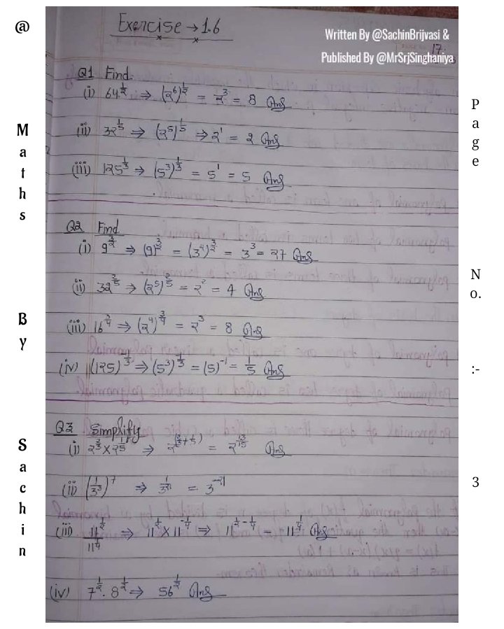 MathsBySachin's tweet photo. #Class 9th #NCERT #MathsBySachin
#MATHEMATICS #Chapter 1st - #Numbersystem
❝ NCERT Exercises #Solutions of 1.5 &amp; 1.6 ❞ 
Written By @SachinBrijvasi &amp; Editing or Published by @MrSrjSinghaniya.
#maths #education #selfstudy  #mathematician #mathsskills #mathsnotes #mathsproblems https://t.co/7KGXYjE80K