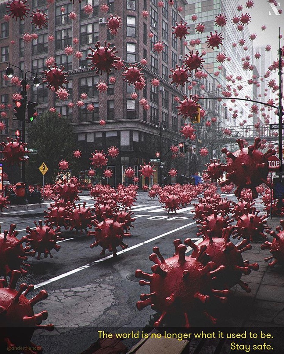 QuebrandoOTabu's tweet photo. Se o vírus fosse visível, as pessoas sairiam de casa?
Arte: Instagram anderalencar

TEXTO NA FOTO: “O mundo não é mais o que costumava ser. Se cuide.” https://t.co/57l1RoBllG